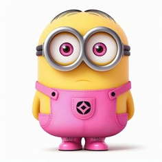 a yellow and pink minion with big eyes on it's face, standing in front of a white background