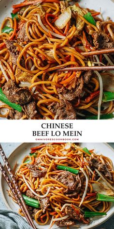 chinese beef lo mein on a plate with chopsticks next to it and an image of the same dish