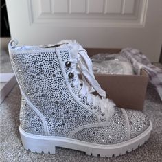 Nwt Jessica Simpson Sparkle Boots! White High-top Suede Boots, Suede Round Toe Party Boots, Suede Party Boots With Round Toe, Suede Round Toe Boots For Party, White Rhinestone Boots With Round Toe, Sparkle Boots, Favorite Shoes, Jessica Simpson Shoes, Jessica Simpson