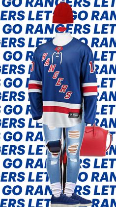 Women’s NY Rangers Hockey outfit featuring Panarin jersey, ripped jeans, leggings, and Adidas Y3s Hockey Outfit, Hockey Outfits, Rangers Hockey, Ny Rangers, Jeans Leggings, Gameday Outfit, Ripped Jeans, Hockey, Adidas