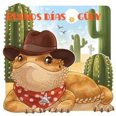 a toad wearing a cowboy hat and bandana sitting in front of cacti