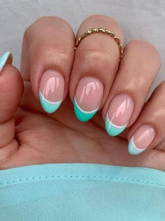 vacation nail design: aqua blue French tips Preppy Vacation Nails, Beachy Nail Designs Summer, Nails For Bahamas Vacation, Fun Back To School Nails, Easy Short Nail Designs Simple, Nail Inspo For Vacation, Simple French Tip Nails With Design, Simple Beachy Nails, Birthday Nails French