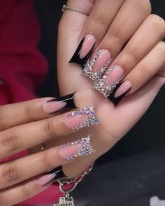 Black Exotic Nails, Nails For Prom Black Dress, Black French Tip Nails With Rhinestones, Diamond French Tip Nails, Black Diamond Nails, Black Nails With Rhinestones, Prom 2k24, Tattoo Symbols