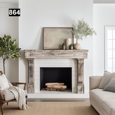 a living room with a couch, chair, fireplace and potted plant on the mantel