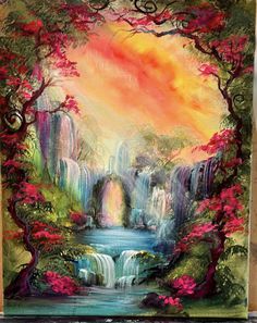 a painting of waterfalls and trees with flowers in the foreground, painted on canvas