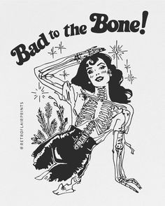 a black and white drawing of a woman with a skeleton on her back, holding a guitar