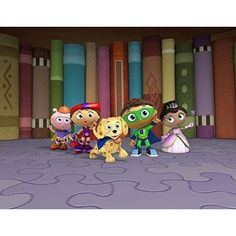 cartoon characters standing in front of bookshelves with purple carpet and wallpaper behind them