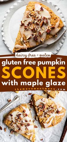 Look forward to trying this fall food! They're gluten-free scones that are also grain-free, dairy-free, and refined sugar-free. Finished with maple glaze, these pumpkin scones are a wonderful holiday brunch or Thanksgiving recipe! Gluten Free Pumpkin Scones, Paleo Scones, Paleo Pumpkin Recipes, Gluten Free Pumpkin Recipes, Dairy Free Recipe, Dairy Free Recipes Easy, Gluten Free Scones, Pumpkin Scones