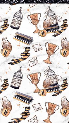 an image of birdcages and other objects on a white background with orange spots