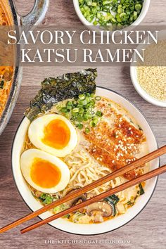 savory chicken katsuu ramen with chopsticks on the side