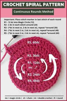 the crochet spiral pattern is shown with instructions