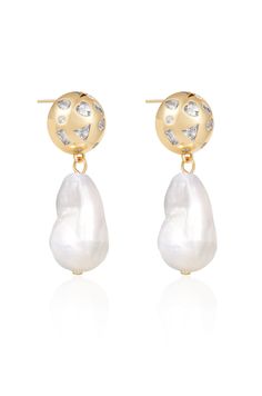 18k gold plated Freshwater pearl CZ 1.5" x 0.55" Gold Dangle Pearl Earrings With Cubic Zirconia, Gold Earrings With Pearl Charm And Cubic Zirconia, Gold Pearl Drop Jewelry With Cubic Zirconia, Gold Pearl Earrings With Cubic Zirconia, Gold Cubic Zirconia Round Pearl Earrings, White Pearl Tarnish Resistant Jewelry, White Tarnish-resistant Pearl Jewelry, Gold Plated Tarnish-resistant Pearl Earrings For Wedding, Gold Plated Tarnish Resistant Pearl Earrings For Wedding