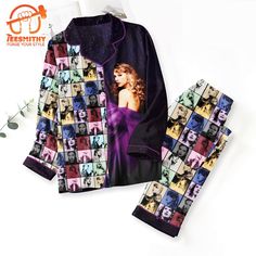 a women's pajama set with an image of a woman on it