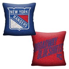 two new york rangers pillows on white background