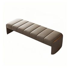 a bench made out of brown leather and wooden slatted back rests on a white background