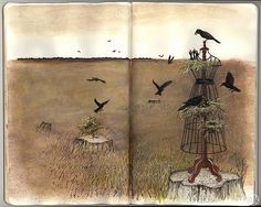 an open book with birds flying in the sky and on top of a tree stump