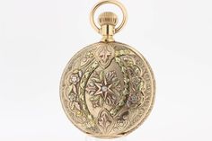 14K Tri-colored floral and diamond pocket watch signed Seth Thomas Engraved Yellow Gold Pocket Watch For Wedding, Heirloom Engraved Pocket Watch For Wedding, Luxury Engraved Pocket Watch Collectible, Victorian Pocket Watch For Anniversary, Victorian Engraved Collectible Watches, Heirloom Round Pocket Watch For Anniversary, Victorian Engraved Round Pocket Watch, Antique Wedding Pocket Watch With Chronometer, Heirloom Style Engraved Pocket Watch For Collectors