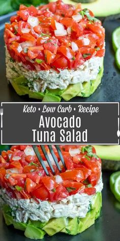 avocado tuna salad on a plate with a fork in it and an image of the