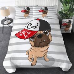 a bed with a dog wearing a baseball cap on it's head and two pillows