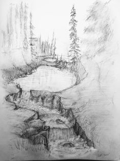 a pencil drawing of a lake surrounded by trees