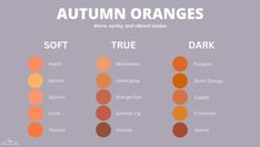 an orange color chart with the names of different shades and colors on it, as well as