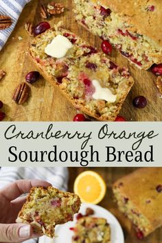 cranberry orange sourdough bread with pecans and oranges on the side