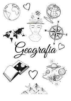 the word geografia surrounded by hand drawn images of earth, stars and other objects