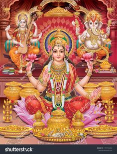 the hindu goddess sitting in front of her golden pot and two other deities behind her