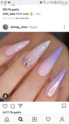 Pretty Purple Nails, Latest Nails, Violet Nails, Nails Art Designs, Ombre Acrylic Nails, Long Square Acrylic Nails, Gem Nails, Get Nails, Crystal Nails