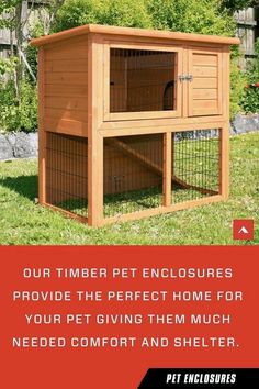 an advertisement for a small animal house with the words, this enclosure is perfect for smaller animals such as rabbits and chickens shop now at bunnies warehouse