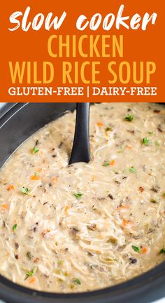 slow cooker chicken wild rice soup in a crock pot with text overlay