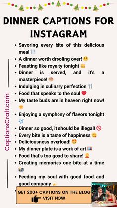 an info sheet with the words dinner captions for instagramm and other things to eat