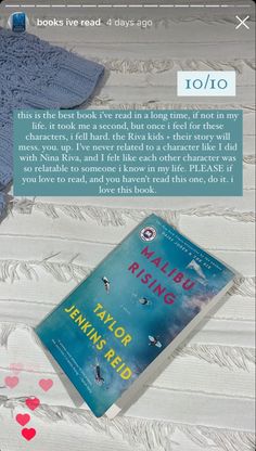 a book recommendation/review of taylor jenkins reid’s “malibu rising”. rated 10/10. review as follows, “this is the best book i've read in a long time, if not in my life. it took me a second, but once i feel for these characters, i fell hard. the Riva kids + their story will mess. you. up. I've never related to a character like I did with Nina Riva, and I felt like each other character was so relatable to someone i know in my life. PLEASE if you love to read, and you haven’t read this one, do it Nina Riva Malibu Rising Aesthetic, Malibu Rising Annotations, Malibu Rising Aesthetic, Malibu Rising Book, Malibu Rising, Taylor Jenkins Reid