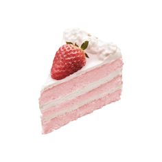 a piece of cake with white frosting and a strawberry on top