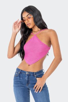 PRODUCT INFO Halter Top Soft knitted fabric Adjustable halter neckline Knitted straps Open-back design Rayon Model wears size XS/S Model height is 5'7 Item care: Hand wash Black Going Out Tops, Backless Top, Tank Top Dress, Halter Crop Top, Halter Neckline, Pink Shirt, Two Piece Dress, Black Crop Tops, Denim Top