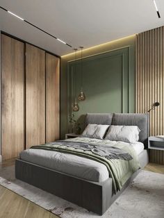 a large bed sitting in the middle of a bedroom next to a wall with wooden slats