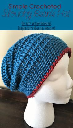 a crocheted hat on top of a mannequin head with text overlay that says, simple crocheted slouchy beanie pattern