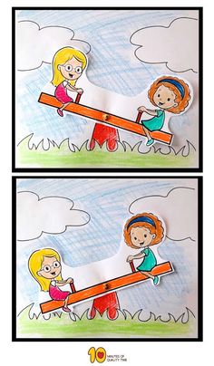 two children playing on a seesaw with clouds in the background and one child sitting on an seesaw