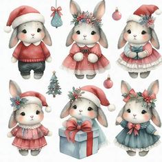 a bunch of cute little rabbits wearing christmas outfits and hats with presents in front of them