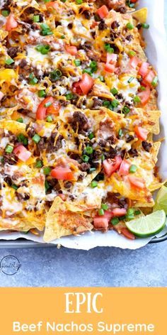 a casserole dish with beef nachos and cheese