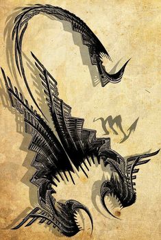 an artistic drawing of a dragon with long tail and sharp claws on it's head