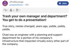 a tweet with the caption trash your own manager and department? you get to do a presentation