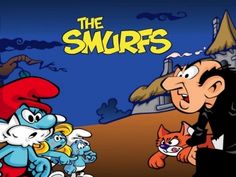 the smurfs cartoon is being watched by an evil man and two other characters