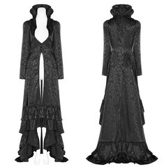 Gothic Steampunk Punk High Low Wired Stand Collar Jacquard Pleated Long Sleeve Maxi Coat Vampire Style Winter Party Outerwear, Gothic Outerwear For Halloween Fantasy Events, Gothic Black Party Outerwear, Black Gothic Party Outerwear, Vampire Style Long Coat For Halloween, Witchy Halloween Cosplay Outerwear, Steampunk Halloween Party Outerwear, Fantasy Long Sleeve Outerwear For Halloween, Witchy Long Sleeve Costume Outerwear