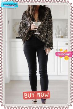 Holiday Glow Sequin V Neck Blouse Trendy Sequined Blouse For Fall, Trendy Fall Blouse With Sequins, Sequin V-neck Blouse For Fall, Glamorous V-neck Blouse For Fall, Trendy Winter Blouse For Night Out, Trendy Blouse For Winter Nights Out, Trendy Fall Evening Blouse, Chic Fall Blouse With Sequins, Trendy Evening Blouse For Fall