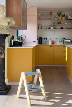 the kitchen is clean and ready for us to use it's yellow cabinetry