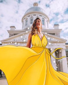 a woman in a yellow dress is standing with her hand on her hip and looking up at the sky