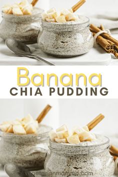 banana chia pudding in a glass jar with cinnamon sticks on the side and two bowls full of it