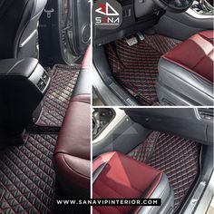 the interior of a car with red stitching and black leather trims, including floor mats