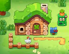 an image of a game with animals and houses in the background, including a bird